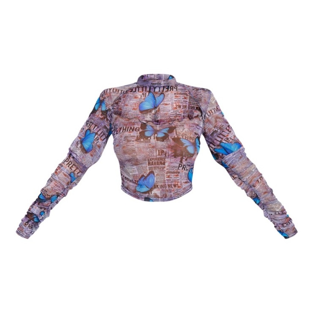 PRETTYLITTLETHING Blue Mesh Newspaper Butterfly Print Cut Out Front Crop Top